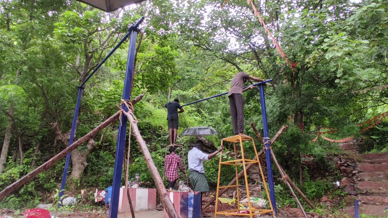 The iron pipes going in at the shrine.